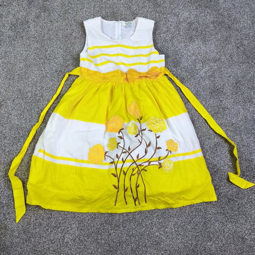 Girls‎ 6X Yellow White Floral Embroidered Bow Easter Spring Party Dress